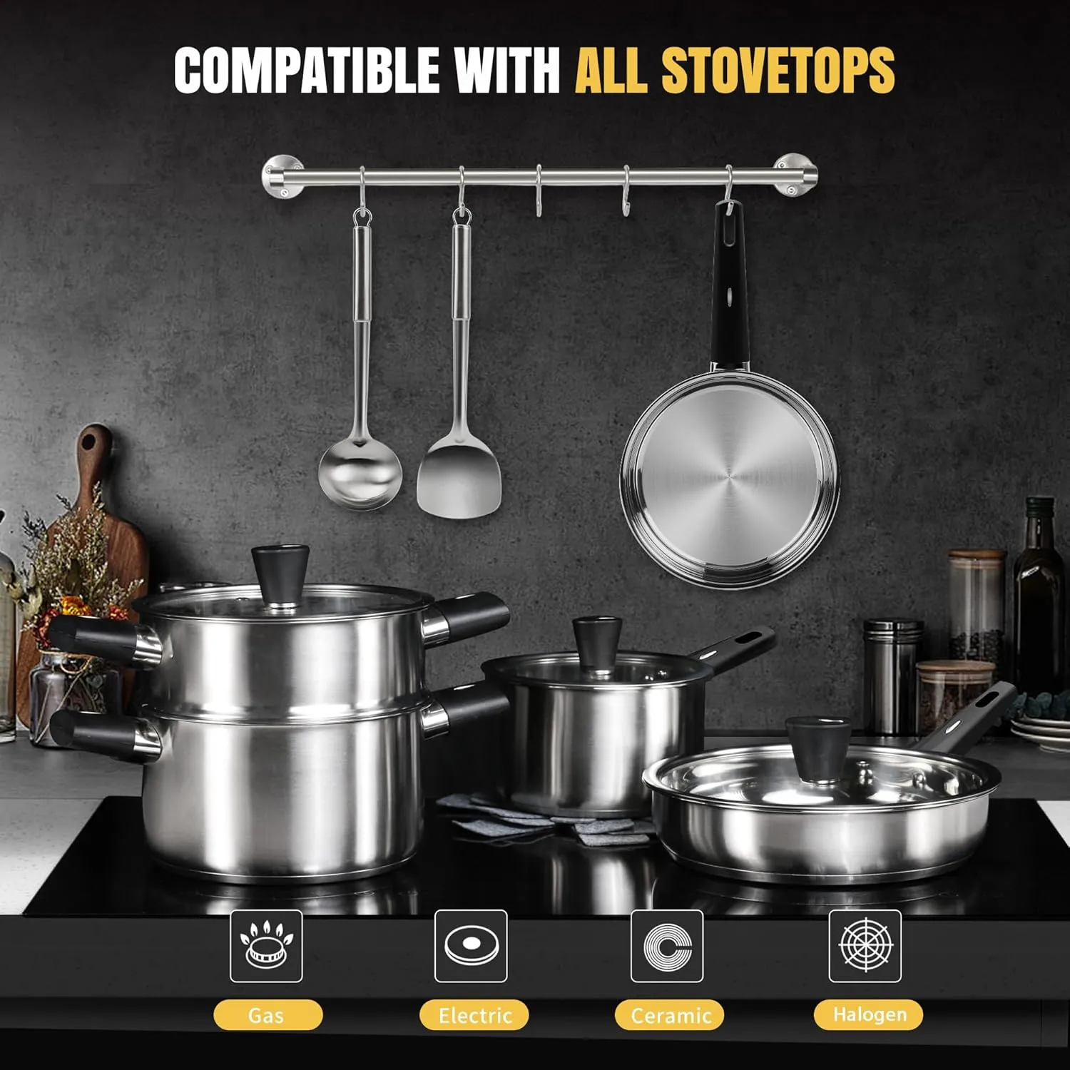 Meythway 𝐔𝐏𝐆𝐑𝐀𝐃𝐄 Stainless Steel Cookware Set Non Toxic, 14PCs Stainless Steel Pots and Pans Set with Stay-Cool Handles, Kitchen Induction Cookware with Steamer, Utensil Sets and Pot Protectors