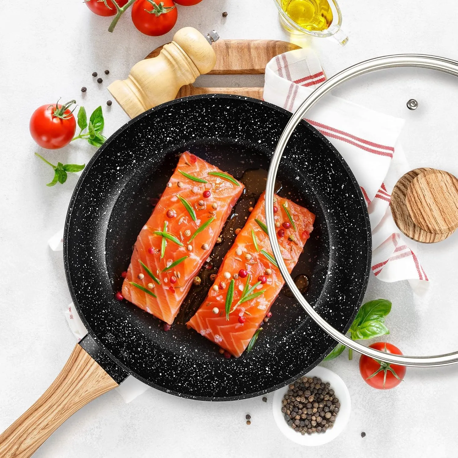 MICHELANGELO Non Stick Frying Pans - 12 Inch Nonstick Frying Pan with Glass Lid, Large Stone Fry Pan with Ergonomic Handle, Induction Compatible, Black