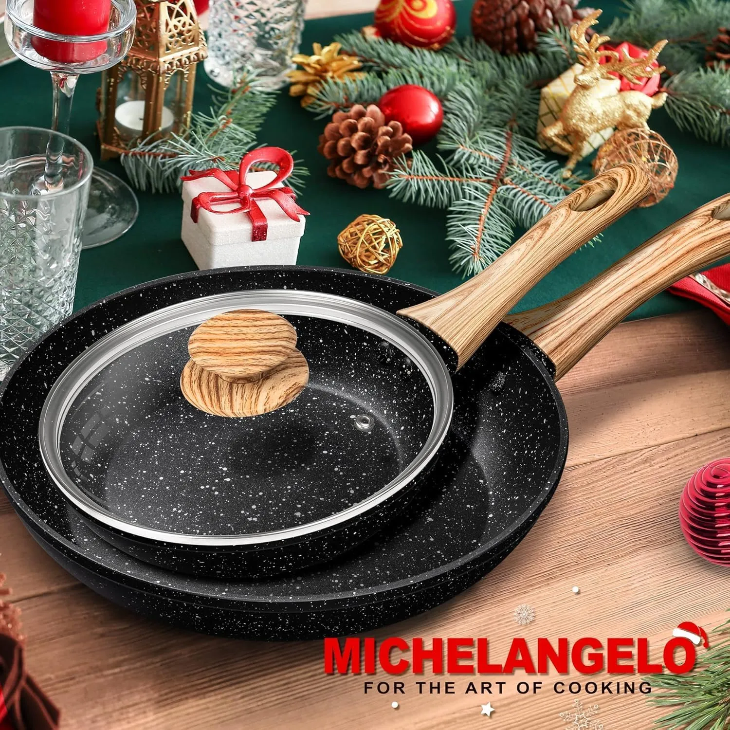 MICHELANGELO Non Stick Frying Pans - 12 Inch Nonstick Frying Pan with Glass Lid, Large Stone Fry Pan with Ergonomic Handle, Induction Compatible, Black