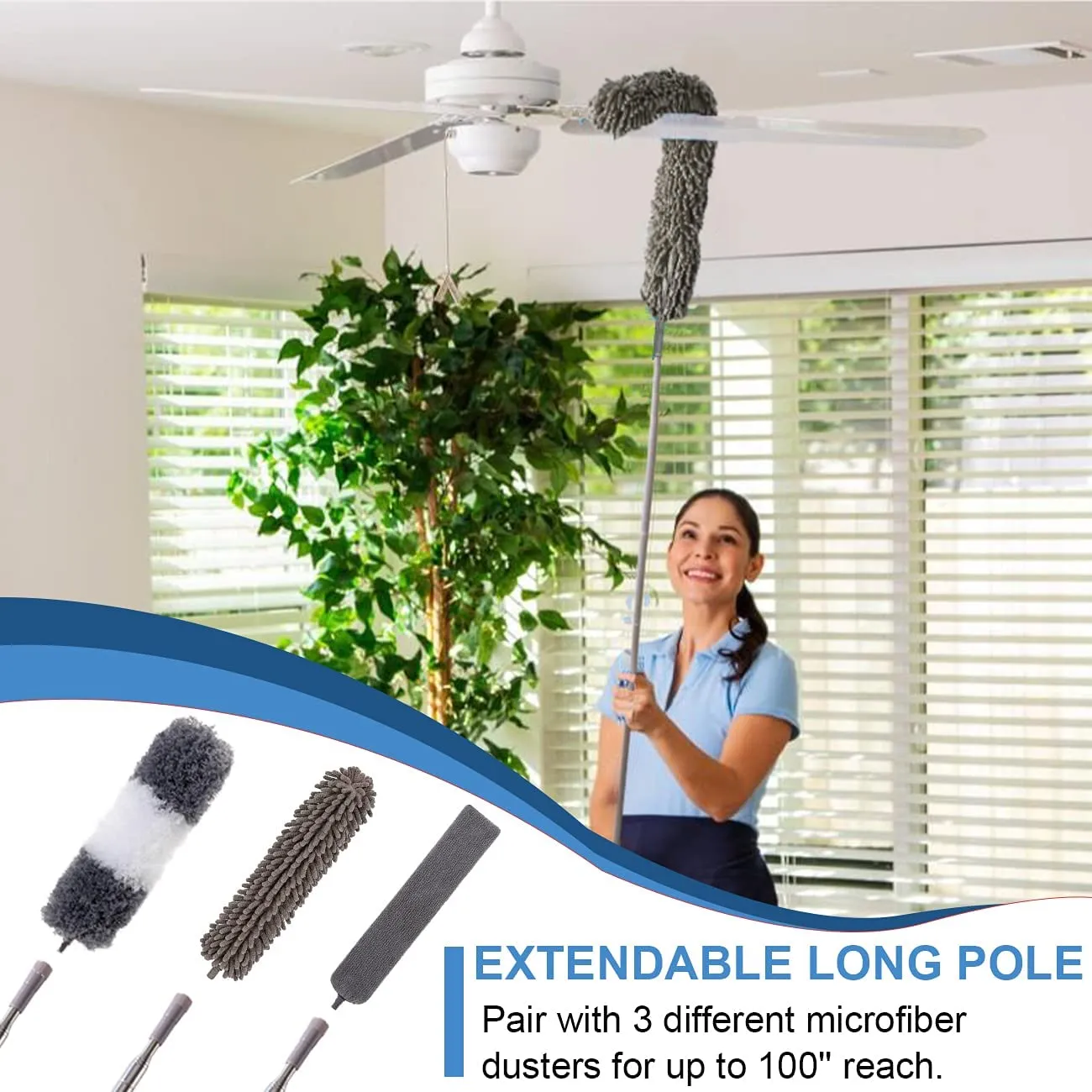 Microfiber Duster, 7PCS with Detachable Extension Pole(Stainless Steel) 30-100" Duster Cleaning Kit