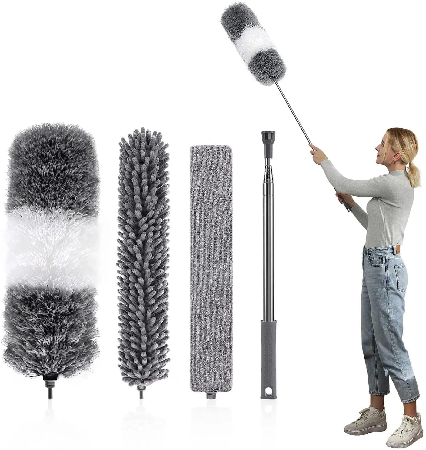 Microfiber Feather Duster 4PCS - Extendable & Bendable Dusters with Long Extension Pole , Washable Lightweight Dusters for Cleaning Ceiling Fan, High Ceiling, Blinds, Furniture, Cars