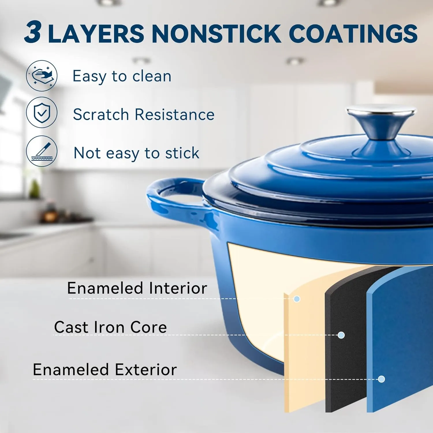 Miereirl 6 Quart Enameled Dutch Oven Pot with Lid, Cast Iron Dutch Oven with Dual Handles for Bread Baking, Cooking, Non-stick Enamel Coated Cookware (Dark Blue)