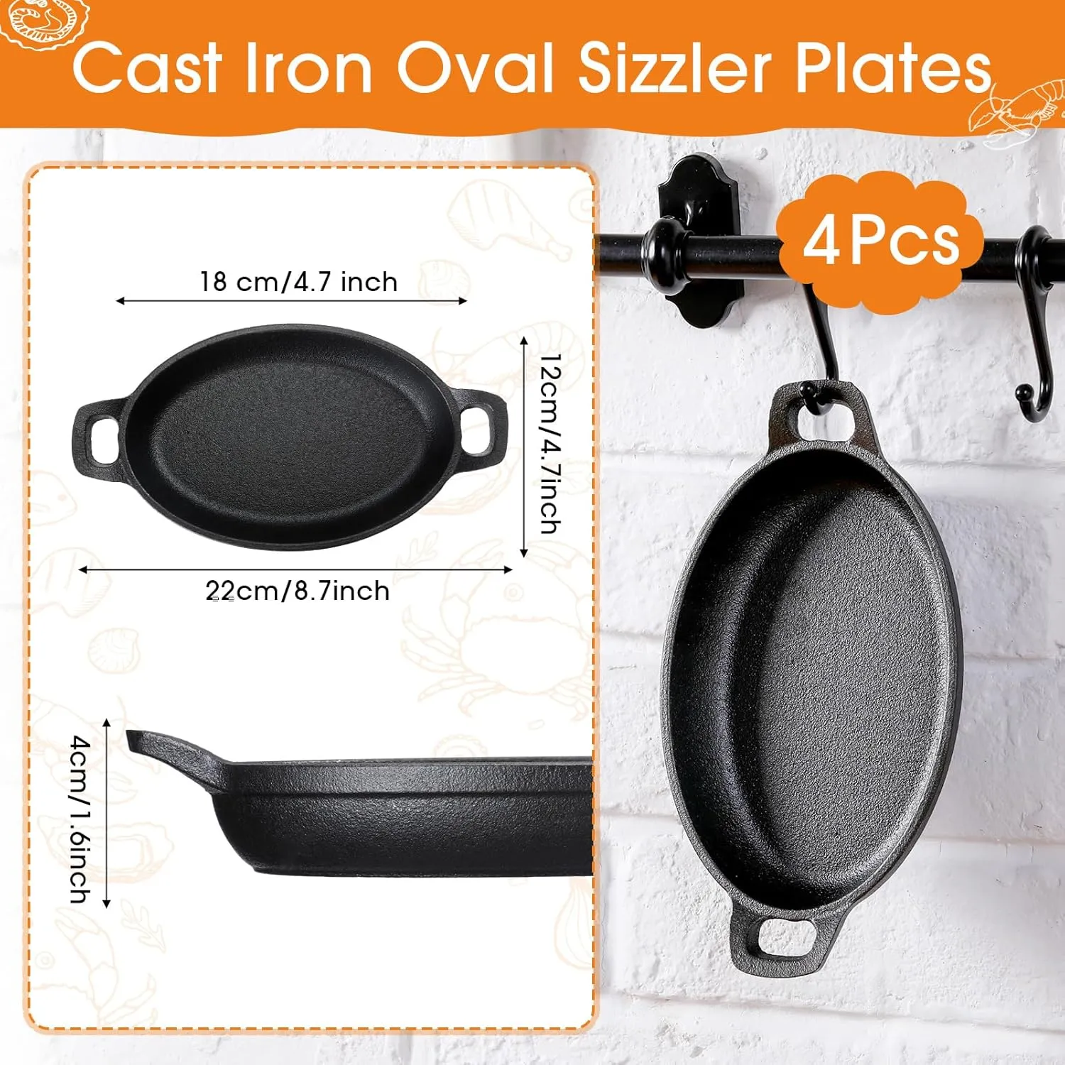 Mifoci 4 Pcs Oval Serving Dish Mini Cast Iron Skillet Cast Iron Baking Pan Sizzling Plate Matte Black Gratin Cookware for Home Restaurant Kitchen Food Service Barbecue (8.7 x 4.7 Inch)