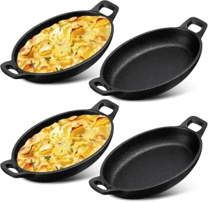 Mifoci 4 Pcs Oval Serving Dish Mini Cast Iron Skillet Cast Iron Baking Pan Sizzling Plate Matte Black Gratin Cookware for Home Restaurant Kitchen Food Service Barbecue (8.7 x 4.7 Inch)