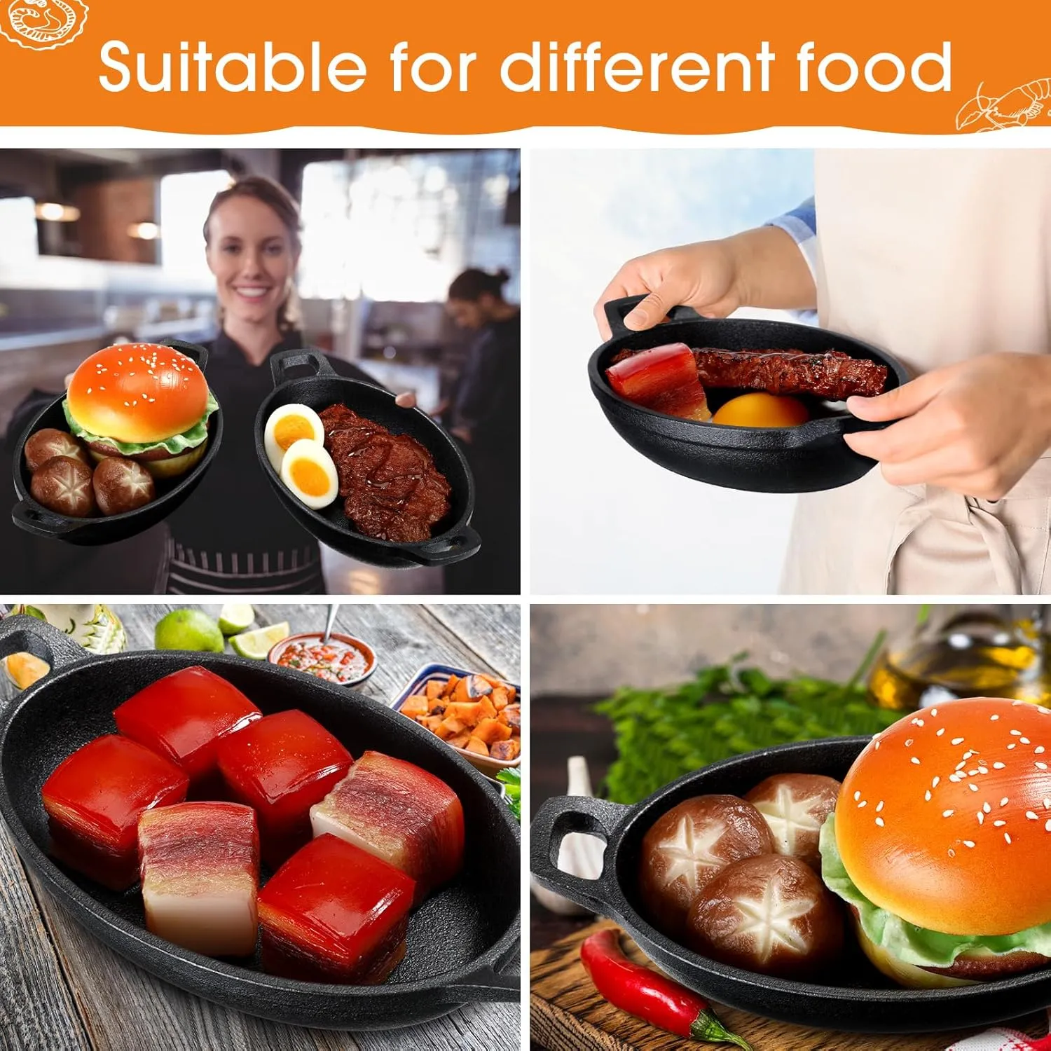 Mifoci 4 Pcs Oval Serving Dish Mini Cast Iron Skillet Cast Iron Baking Pan Sizzling Plate Matte Black Gratin Cookware for Home Restaurant Kitchen Food Service Barbecue (8.7 x 4.7 Inch)