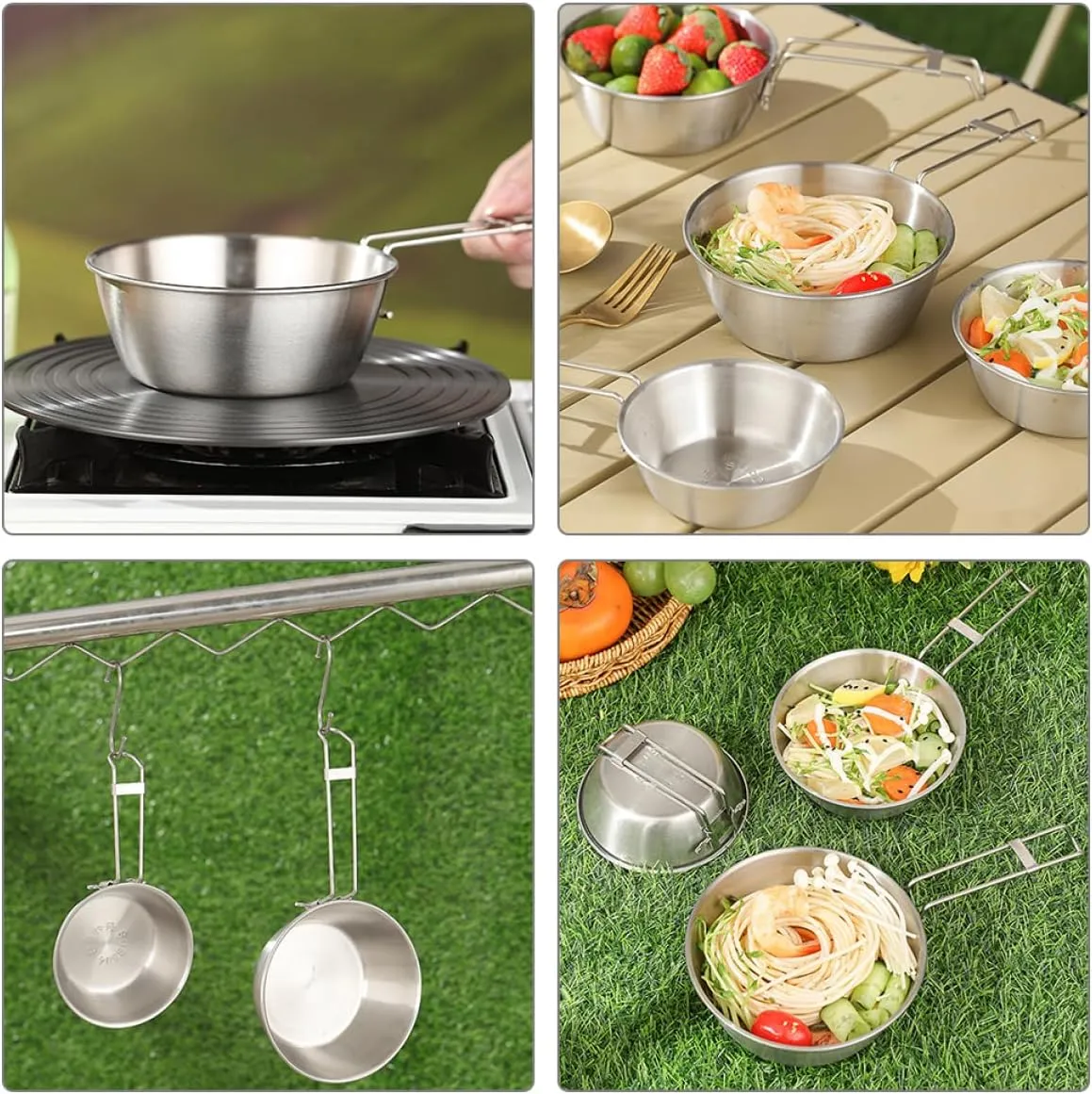 Mipcase 6pcs Foldable Stainless Steel Camping Bowls Outdoor Barbecue Cookware Lightweight Metal Mixing Bowls for Picnic Hiking Backpacking and Fishing