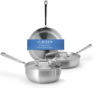 Misen 5-Ply Stainless Steel Cookware Set - Versatile, Dishwasher Safe - 5-Piece Set - 10" Skillet, 3 QT Saute Pan   Lid, 3 QT Saucier   Lid