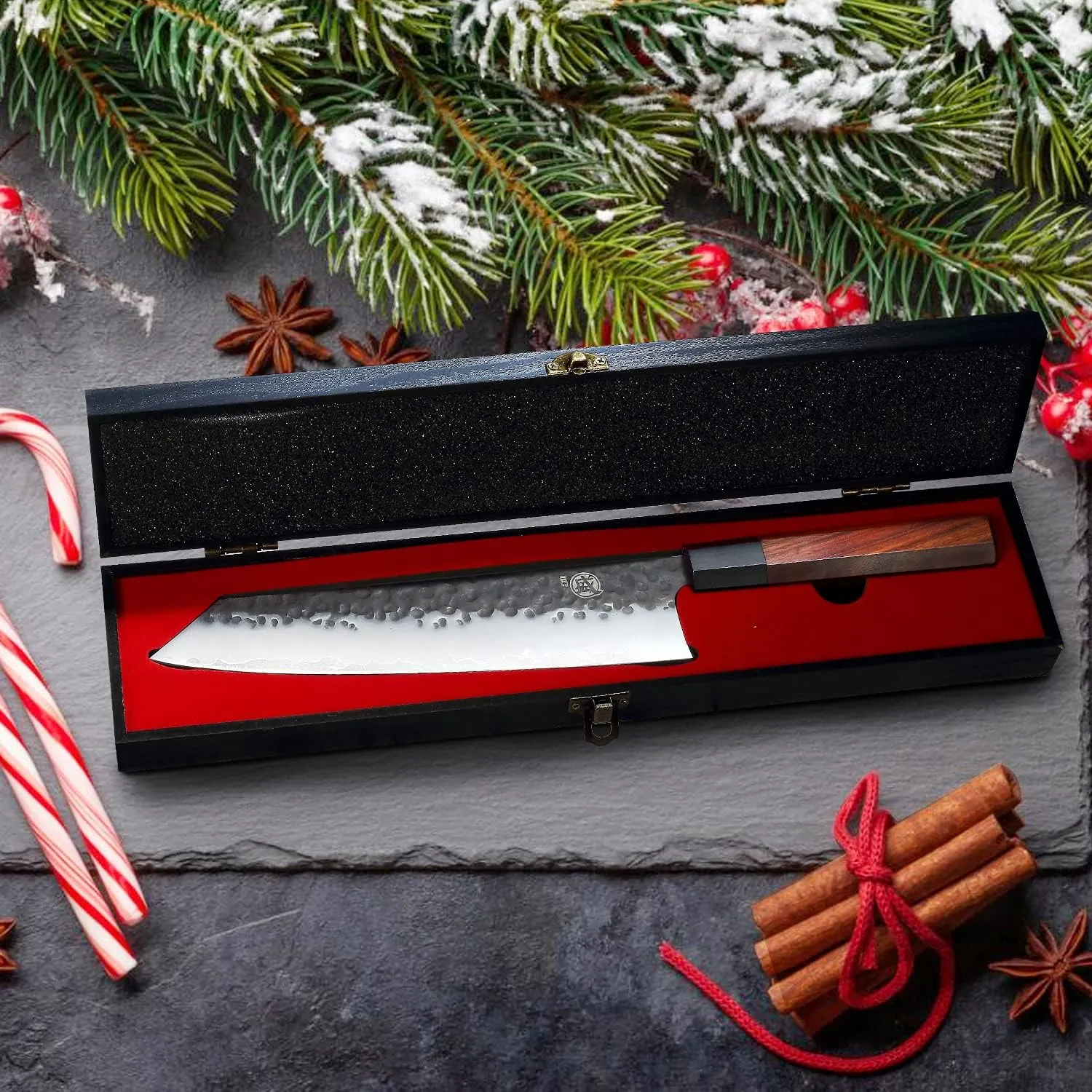 MITSUMOTO SAKARI 9 inch Japanese Kiritsuke Chef Knife, High Carbon Stainless Steel Kitchen Knife, Professional Hand Forged Meat Sushi Knife (Rosewood Handle & Sandalwood Box)