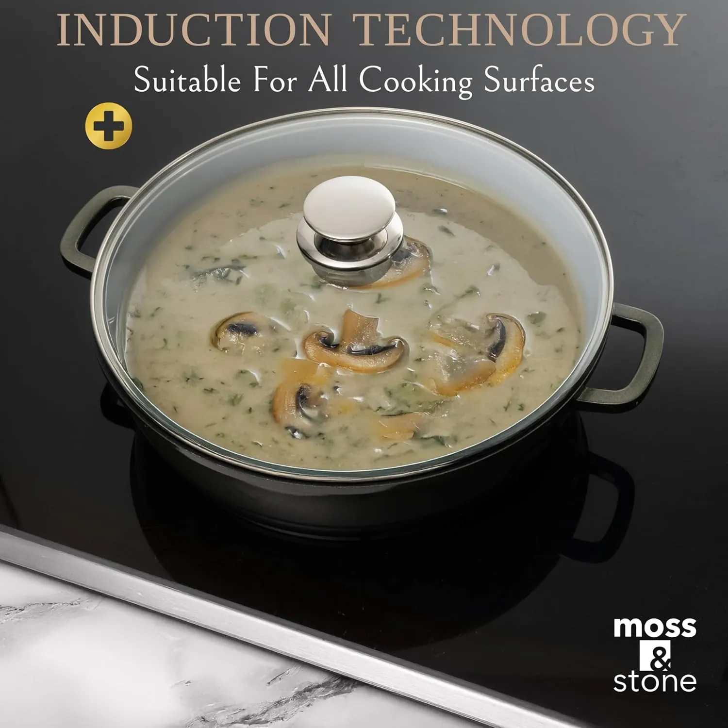 Moss & Stone 12 Inch Large Skillet With Lid, 5 Quart Saute Pan With Lid, Dishwasher & Oven Safe Skillet, Double Handled Nonstick Deep Frying Pan Non Toxic Coating, PFOA Free Induction Everyday Pans