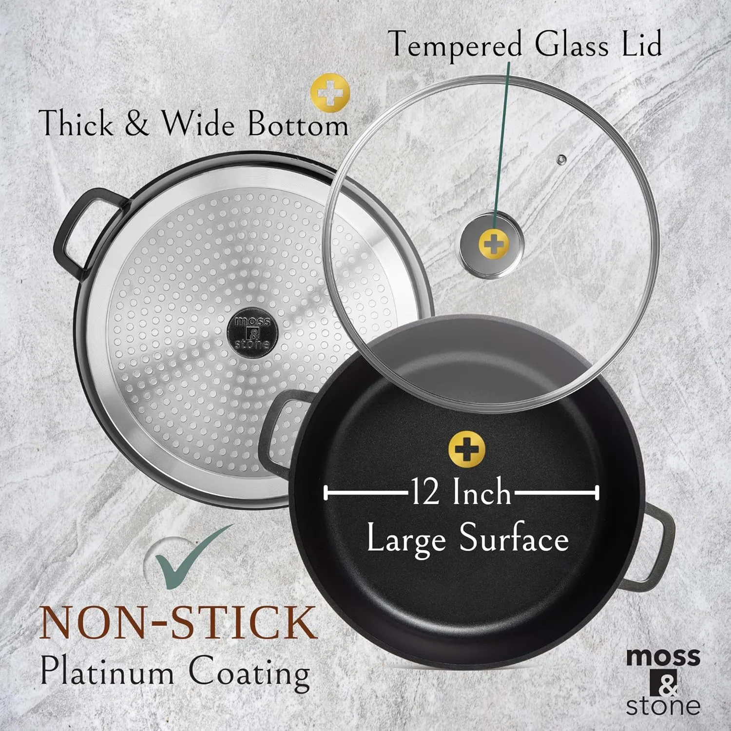 Moss & Stone 12 Inch Large Skillet With Lid, 5 Quart Saute Pan With Lid, Dishwasher & Oven Safe Skillet, Double Handled Nonstick Deep Frying Pan Non Toxic Coating, PFOA Free Induction Everyday Pans