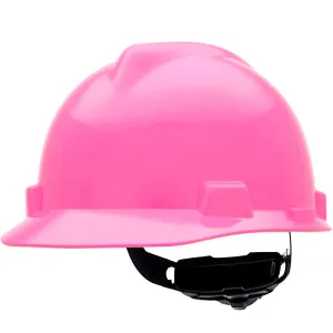 MSA 10155230 V-Gard Cap Style Safety Hard Hat With Fas-Trac III Ratchet Suspension | Polyethylene Shell, Superior Impact Protection, Self Adjusting Crown Straps - Standard Size in Hot Pink