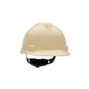 MSA 495856 V-Gard Cap Style Safety Hard Hat With Fas-Trac III Ratchet Suspension | Polyethylene Shell, Superior Impact Protection, Self Adjusting Crown Straps - Standard Size in Light Buff