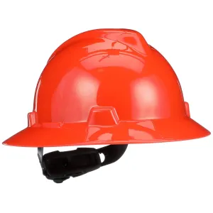 MSA 496075 V-Gard Full-Brim Hard Hat With Fas-Trac III Ratchet Suspension | Polyethylene Shell, Superior Impact Protection, Self Adjusting Crown Straps - Standard Size in Orange