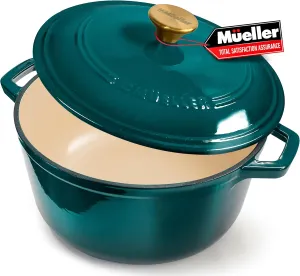 Mueller DuraCast 6 Quart Enameled Cast Iron Dutch Oven Pot with Lid, Heavy-Duty, Oven Safe up to 500° F & Across All Cooktops, Wedding Registry Ideas & Gifts, Emerald