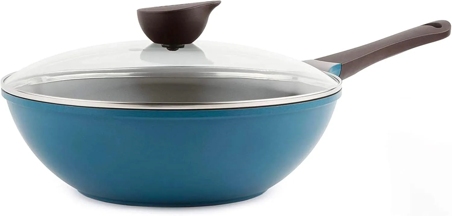 Neoflam Eela 12'' Non Stick Chef's Wok with Glass Lid, Stir Fry Pan and POFA-Free Ceramic Coating for Cooking Saute Vegetables, Meat, Fish, 12 inch, Deep Blue (Handle assemble required)