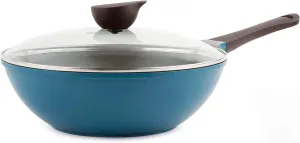 Neoflam Eela 12'' Non Stick Chef's Wok with Glass Lid, Stir Fry Pan and POFA-Free Ceramic Coating for Cooking Saute Vegetables, Meat, Fish, 12 inch, Deep Blue (Handle assemble required)