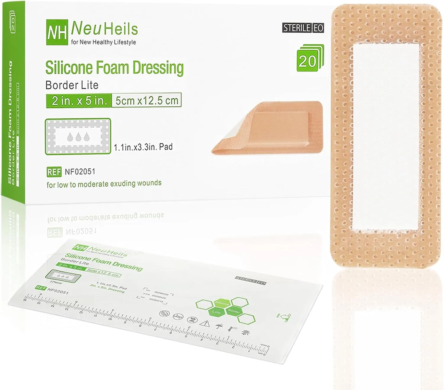 NeuHeils Silicone Foam Dressing Border Lite 2''x5'', 20 Packs, Pad Size 1.1''x3.3'' Soft Gentle Would Bandage Patch for Small Bed Sore Pressure Ulcer
