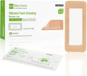 NeuHeils Silicone Foam Dressing Border Lite 2''x5'', 20 Packs, Pad Size 1.1''x3.3'' Soft Gentle Would Bandage Patch for Small Bed Sore Pressure Ulcer