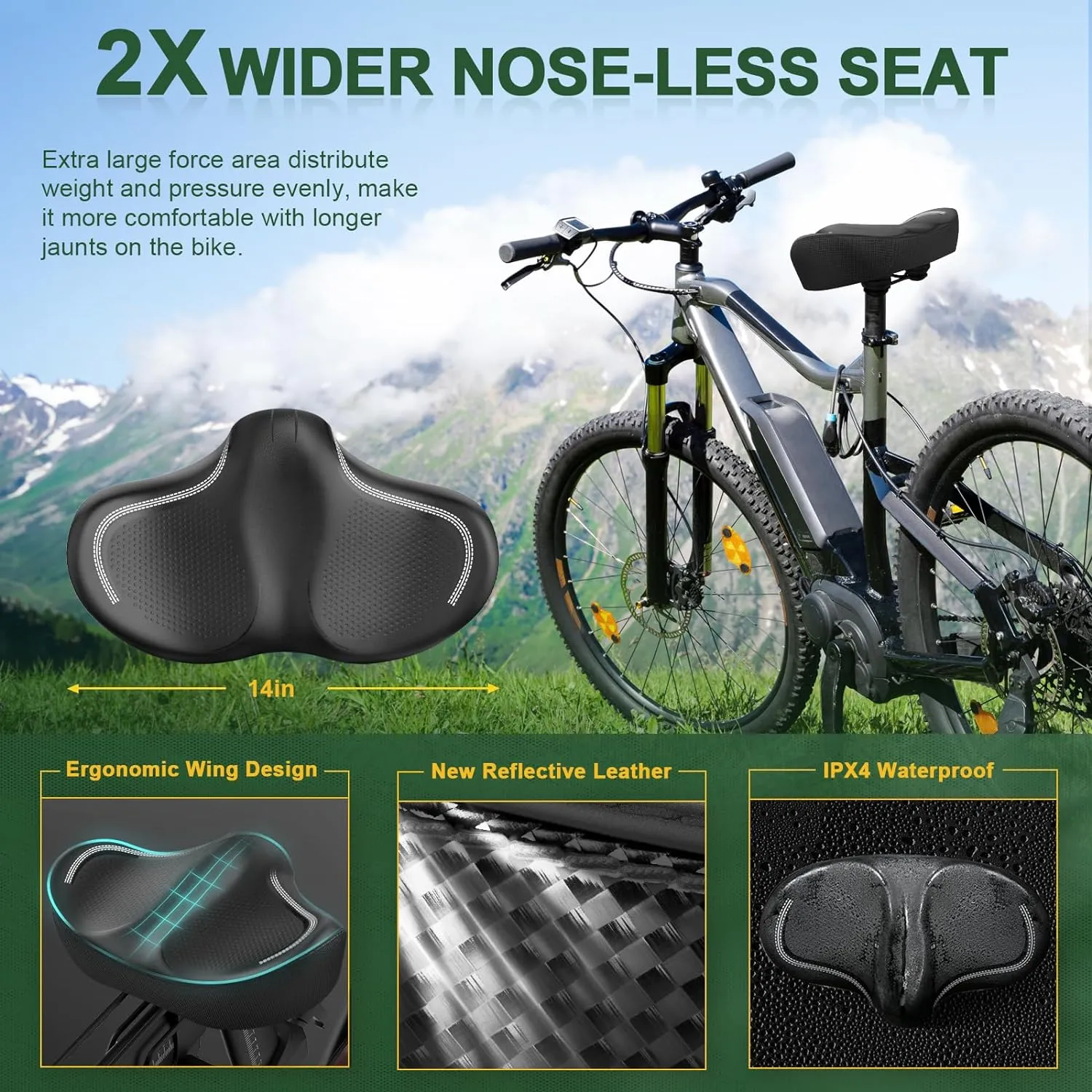 New Noseless Oversized Bike Seat, Extra Wide Comfort Pure Memory Foam Bicycle Seat Cushion, Compatible Saddle Replacement with Electric Bike, Exercise, Cruiser, Road Bike for Men & Women
