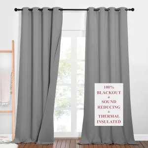 NICETOWN Outdoor Noise Blocking Blackout Curtains for Office, Full Privacy Wall Divider, Heavy-Duty Window Blinds, Inside Detachable Felt Liner Drapes for Daytime Sleep (Silver Grey, 102" Length)