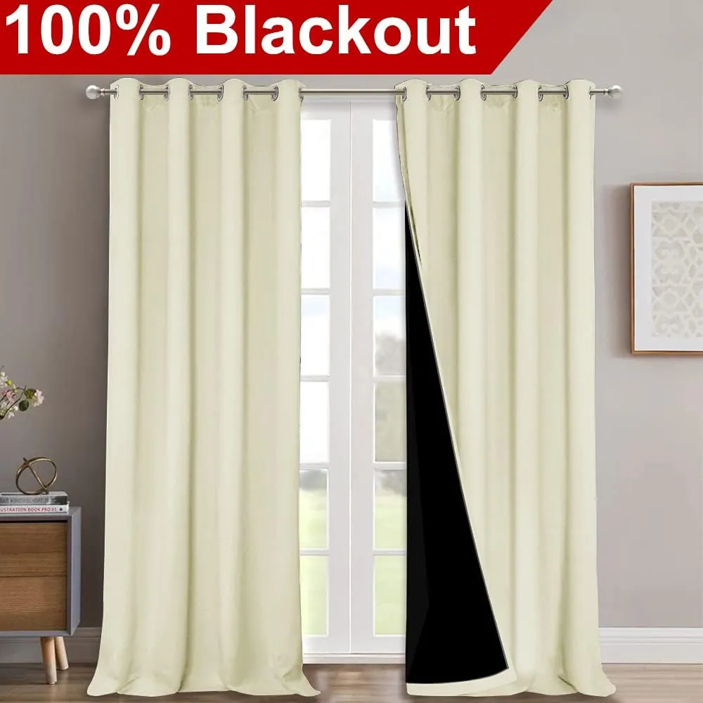 NICETOWN Thermal Insulated 100% Blackout Curtains, Noise Reducing Performance Drapes with Black Lining, Full Light Blocking Drapery Panels for Patio (Beige, 1 Pair, 52 inches x 95 inches)