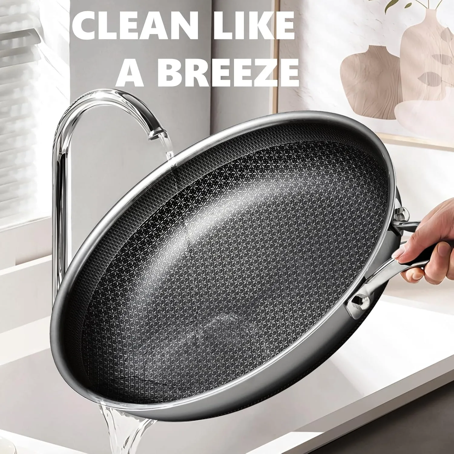 Non Stick Frying Pans with lid, 12 inch Hybrid Frying Pans Nonstick,non stick Stainless Steel Skillets, Dishwasher and Oven-Safe Chef Pan, Induction Compatible Cooking Pan, PFOA Free Cookware