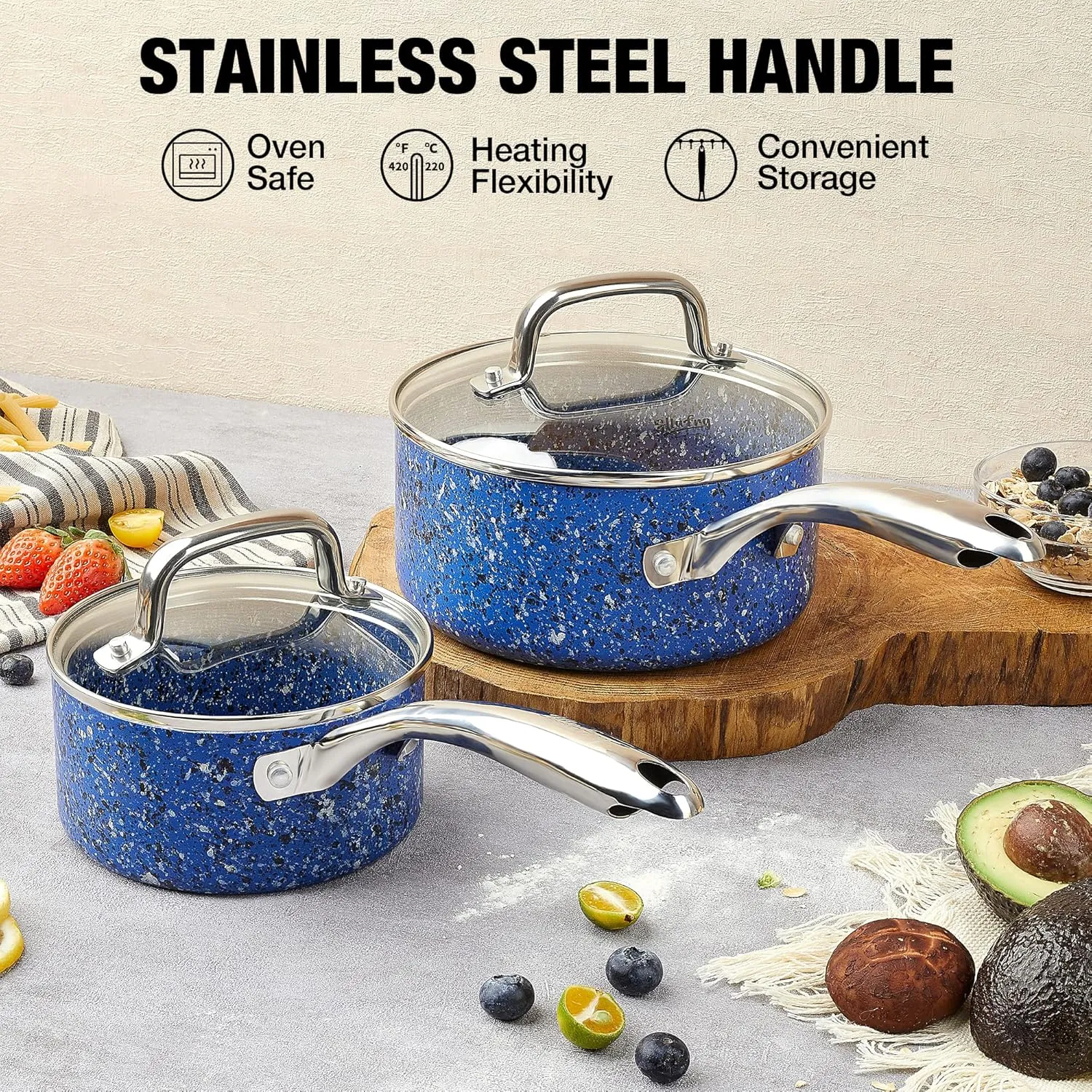 Nonstick Premium 3-Piece Saucepan Set with Glass Lids, Natural Durable Granite Coating, Nonstick, Durable & Oven Safe to 450°F, 1&2&3QT, Blue