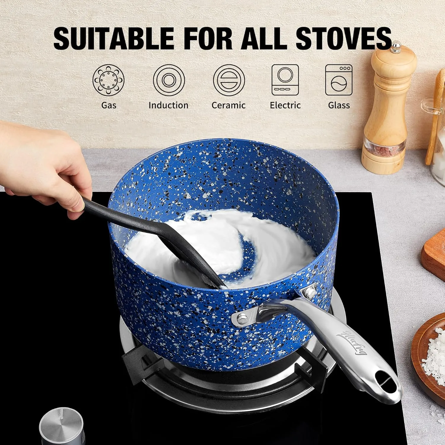 Nonstick Premium 3-Piece Saucepan Set with Glass Lids, Natural Durable Granite Coating, Nonstick, Durable & Oven Safe to 450°F, 1&2&3QT, Blue