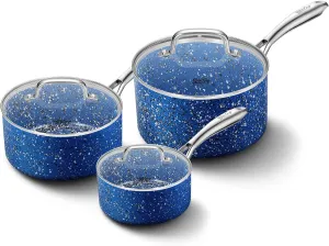 Nonstick Premium 3-Piece Saucepan Set with Glass Lids, Natural Durable Granite Coating, Nonstick, Durable & Oven Safe to 450°F, 1&2&3QT, Blue