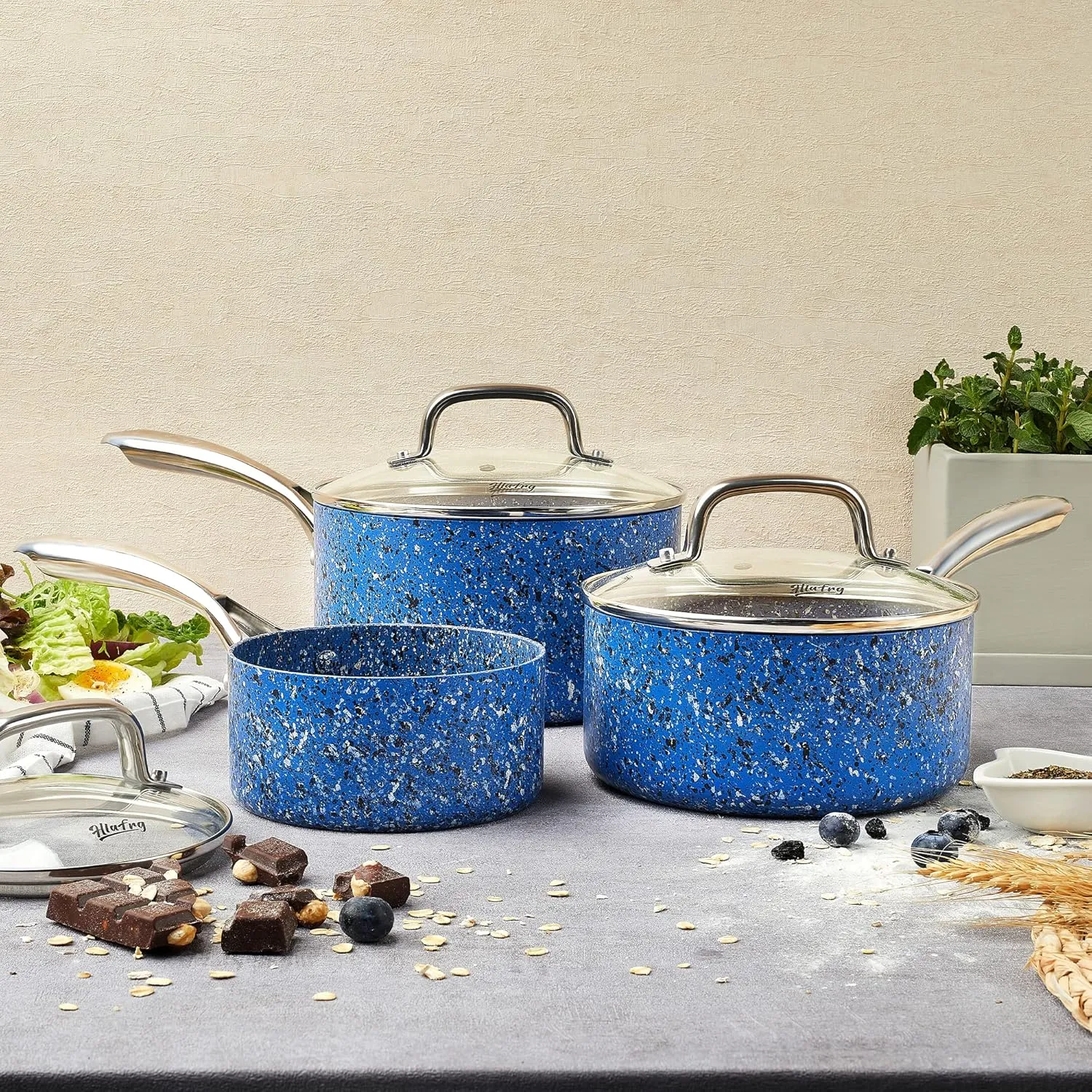 Nonstick Premium 3-Piece Saucepan Set with Glass Lids, Natural Durable Granite Coating, Nonstick, Durable & Oven Safe to 450°F, 1&2&3QT, Blue