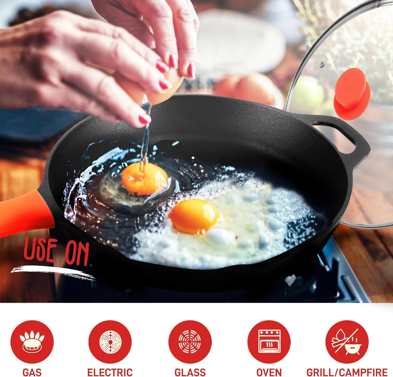 NutriChef 12-Inch Cast Iron Skillet w/Lid - Pre-Seasoned, Oven Safe, Nonstick, Cool-Touch Silicone Handle, For All Cooktops - NCCI12
