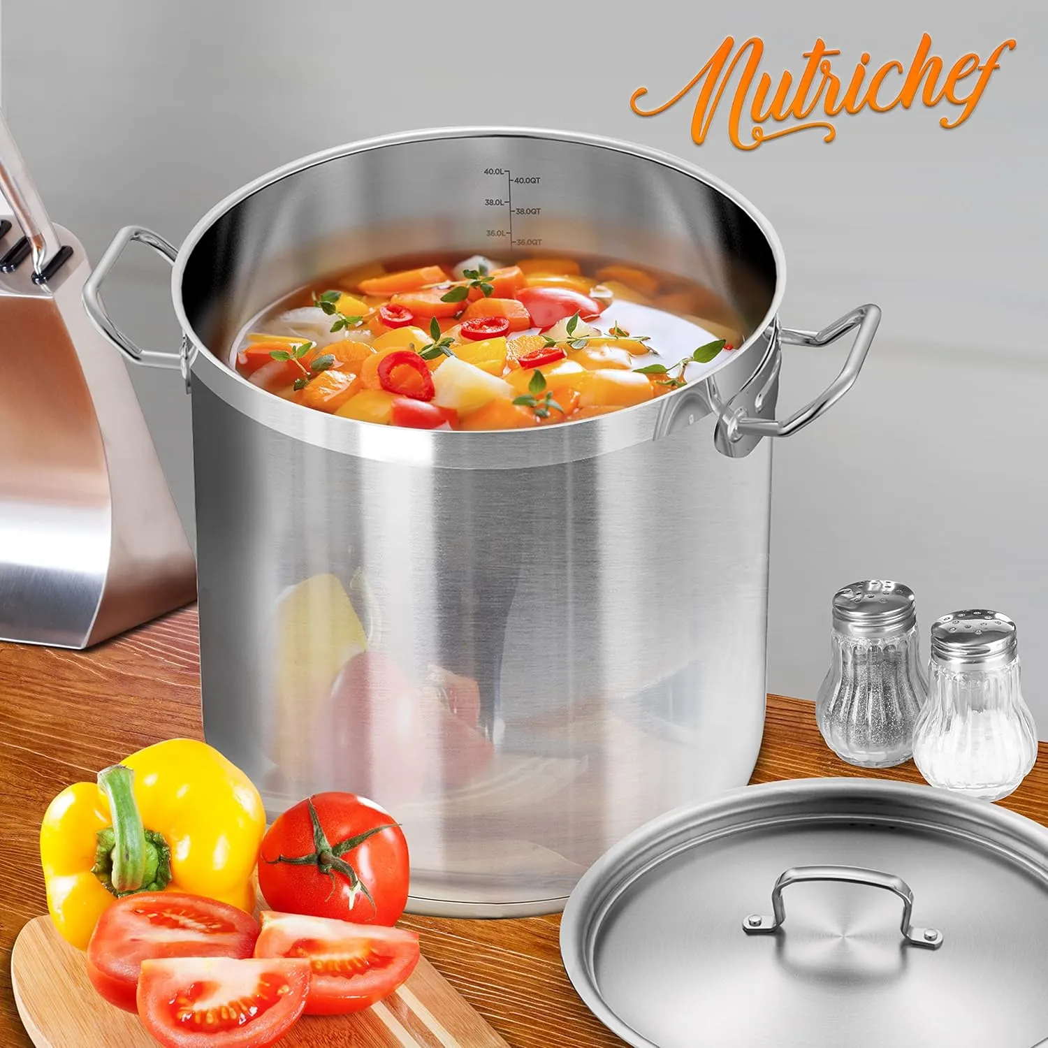 Nutrichef Stainless Steel Cookware Stockpot, 40 Quart Heavy Duty Induction Soup Pot With Stainless Steel Lid And Strong Riveted Handles, Even Heat Distribution, Compatible With Most Cooktops