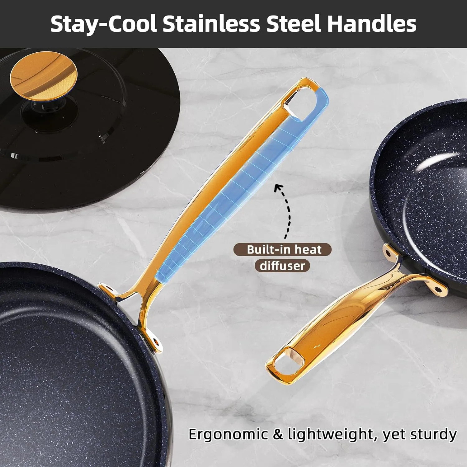 Nuwave Lux LE 13-Pc Cookware Set with Elegant Gold Handle, Diamond Infused Ceramic Non-Stick, PFAS Free, Premium Metal Lids, Ergonomic Stay-Cool Handles, Induction Ready & Compatible w/All Cooktops