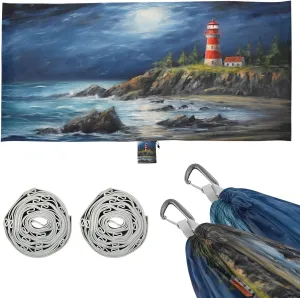Oil Painting Lighthouse Camping Hammock, 330 lbs with 2 Tree Straps, Carry Bag, Single Portable Hammock for Outdoor/Indoor, Hiking, Beach, Backpacking, Travel
