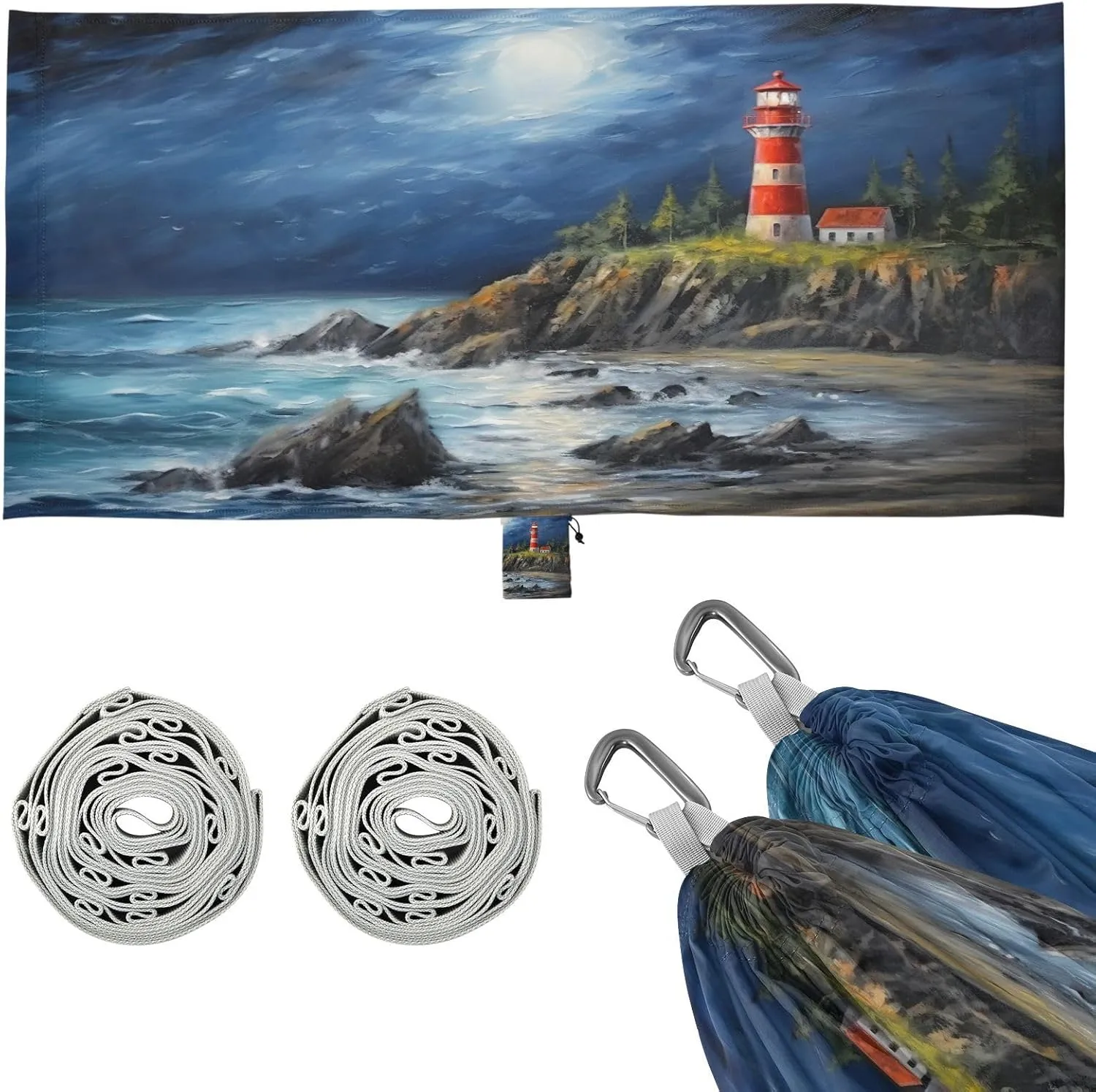 Oil Painting Lighthouse Camping Hammock, 330 lbs with 2 Tree Straps, Carry Bag, Single Portable Hammock for Outdoor/Indoor, Hiking, Beach, Backpacking, Travel