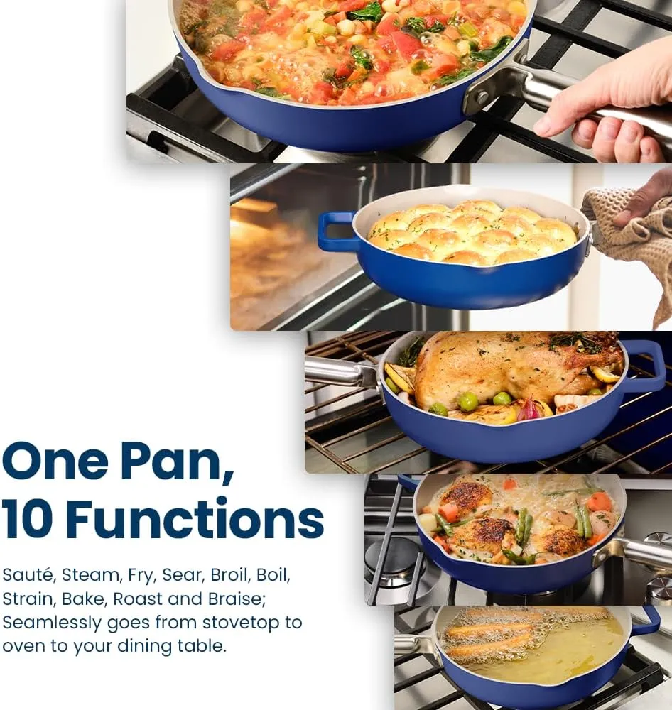 OnePan - 10.5" Ceramic Saute Pan, Nonstick Frying Pan, Sauce Pan, Skillet, Oven Safe Induction Cookware, PTFE & PFOA Free, Blue