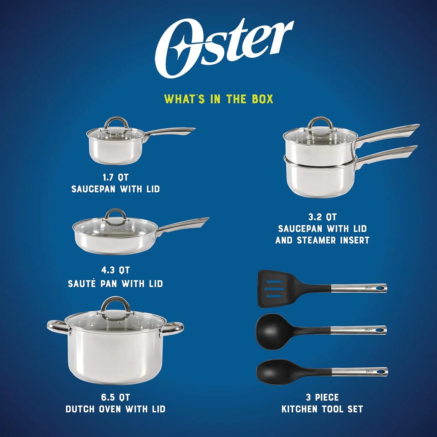 Oster Sangerfield 12 Piece Stainless Steel Cookware Set W/Kitchen Tools