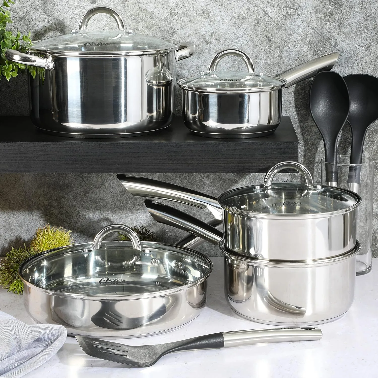 Oster Sangerfield 12 Piece Stainless Steel Cookware Set W/Kitchen Tools