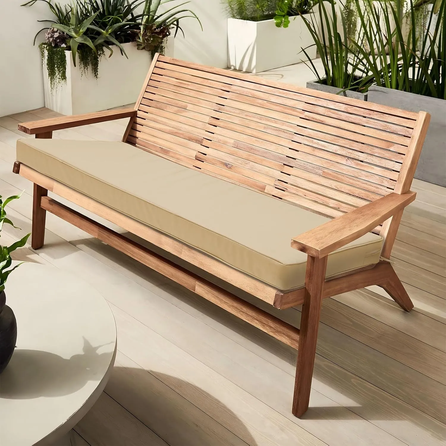Outdoor Bench Cushion 54 x 18 x 3 Inch, Waterproof Patio Furniture Cushions with Ties, Non-Slip Rectangle Bench Seat Cushion Foam Pad for Garden Sofa Settee Couch Swing, Beige
