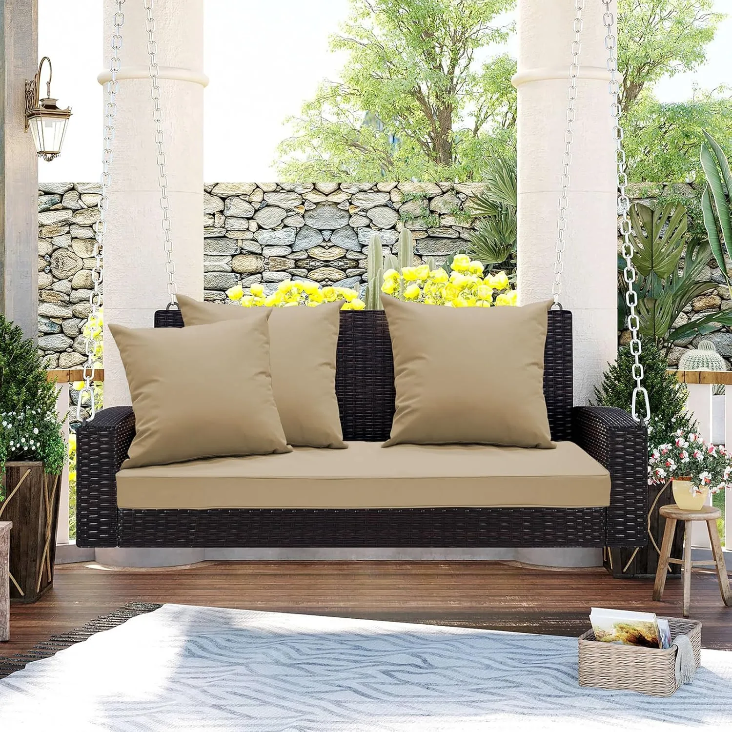 Outdoor Bench Cushion 54 x 18 x 3 Inch, Waterproof Patio Furniture Cushions with Ties, Non-Slip Rectangle Bench Seat Cushion Foam Pad for Garden Sofa Settee Couch Swing, Beige