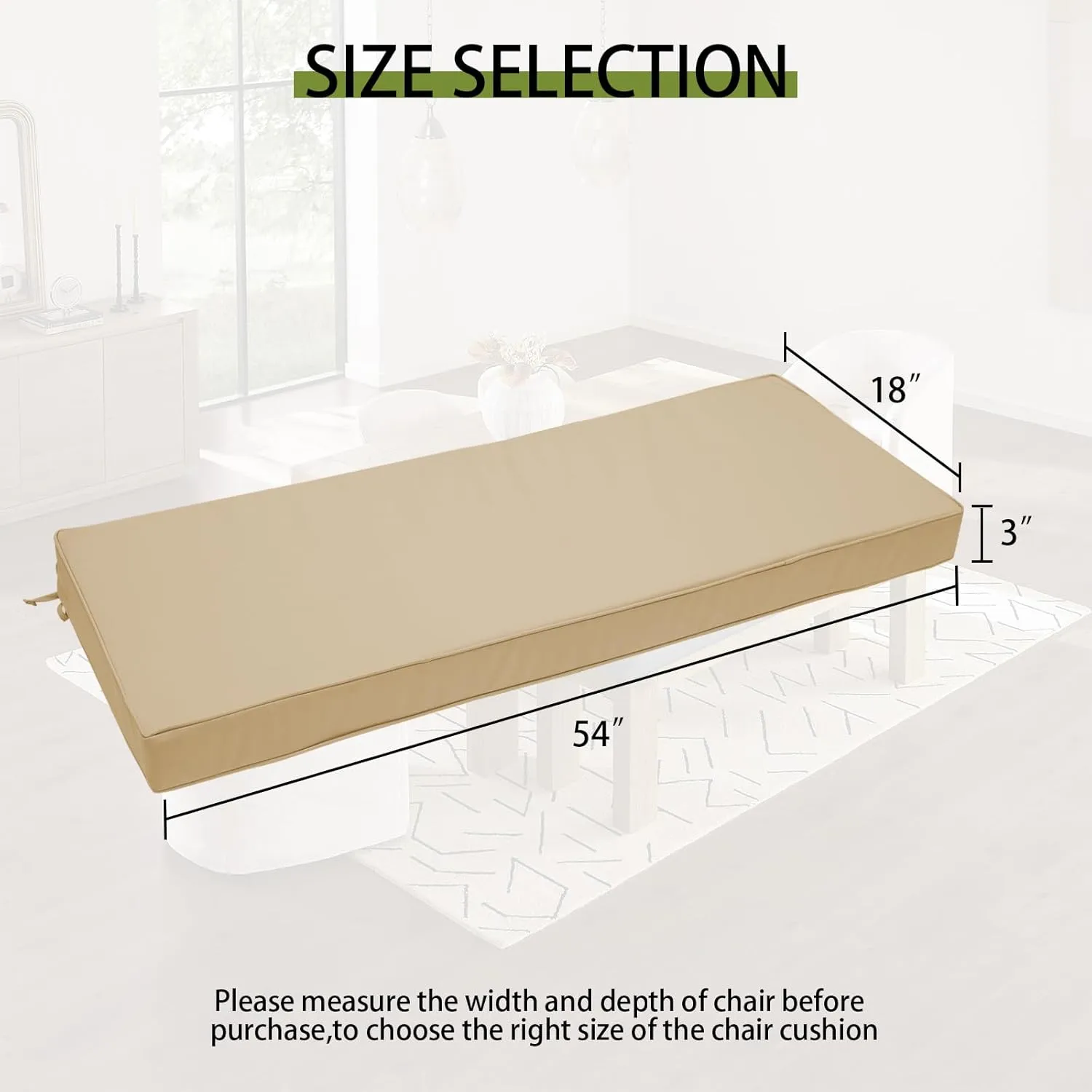 Outdoor Bench Cushion 54 x 18 x 3 Inch, Waterproof Patio Furniture Cushions with Ties, Non-Slip Rectangle Bench Seat Cushion Foam Pad for Garden Sofa Settee Couch Swing, Beige