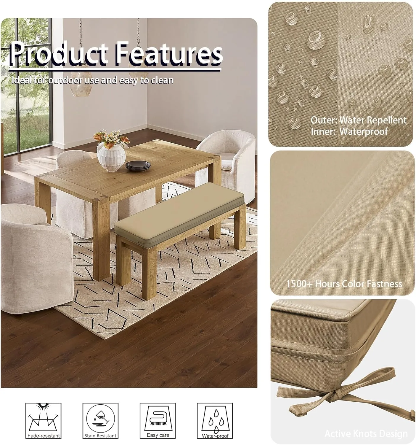 Outdoor Bench Cushion 54 x 18 x 3 Inch, Waterproof Patio Furniture Cushions with Ties, Non-Slip Rectangle Bench Seat Cushion Foam Pad for Garden Sofa Settee Couch Swing, Beige