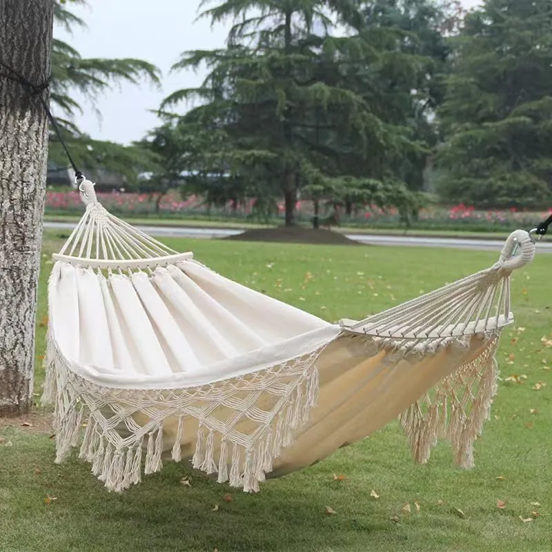 Outdoor Folding Camping Woven Canvas Swing Tassel Hammock (White)