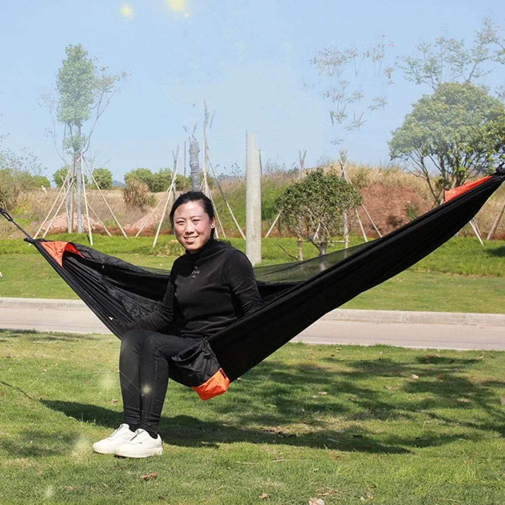 Outdoor Portable Hammock with Mosquito Net and Rain Fly Camping Backpacking Bug Quick Open Hammocks and Netting Parachute Hammock for Yard Beach Hiking Travel