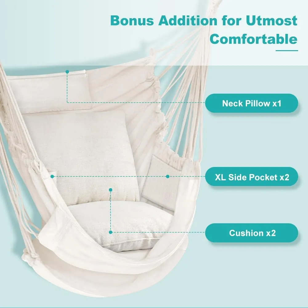 Outerman Hammock Chair, Hanging Chair with 3 Cushions and Foot Rest Support, Sturdy Metal Spreader Bar Max 440 Lbs, Swing Chair for Bedroom, Indoor & Outdoor, Patio, Porch or Tree（White）