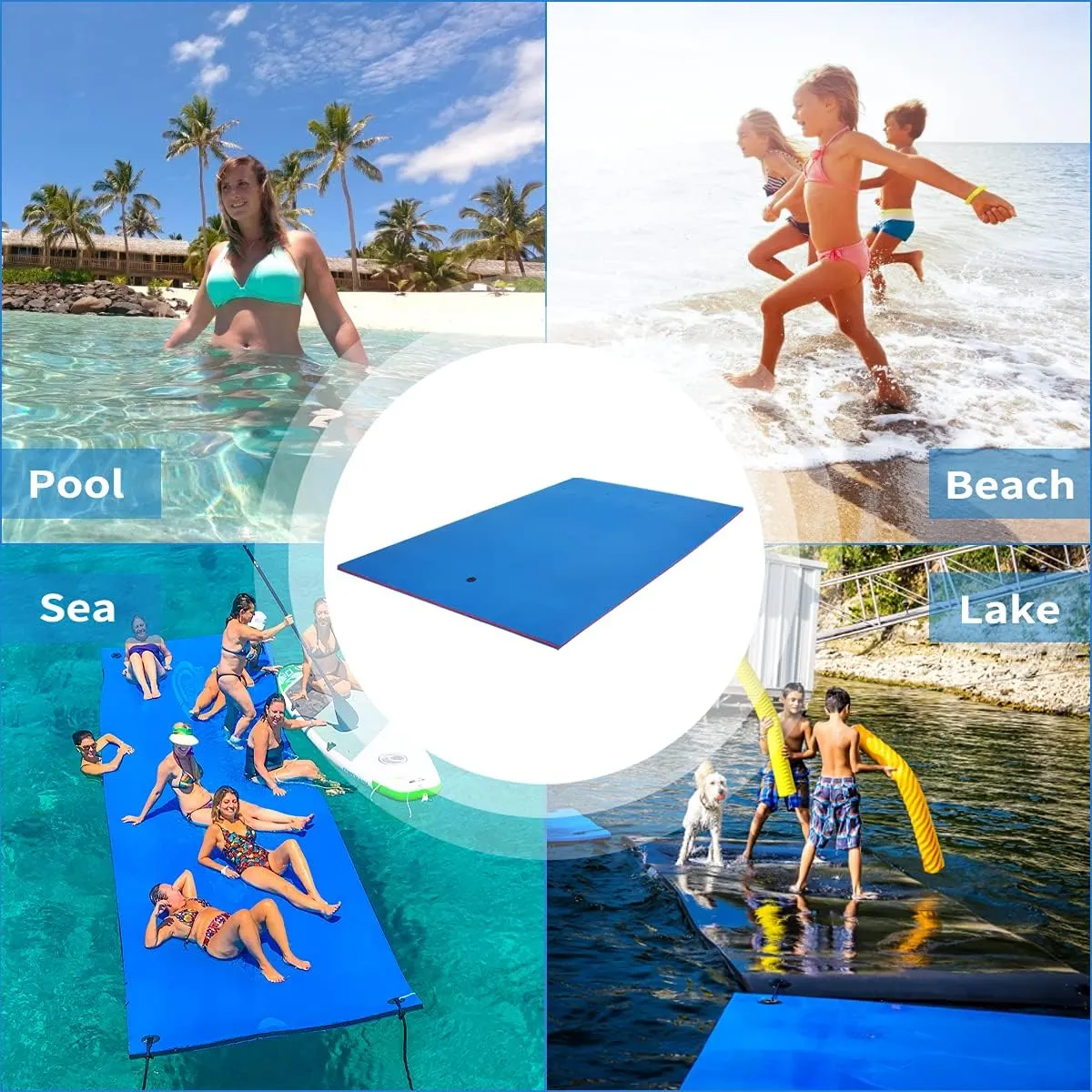 Outroad Floating Water Pad Mat, 3 Layers XPE Foam 9/12/18 Ft Lily Pad for Beach, Ocean, Lake, Roll-Up Floating Island for Water Recreation and Relaxing（Blue/Yellow）