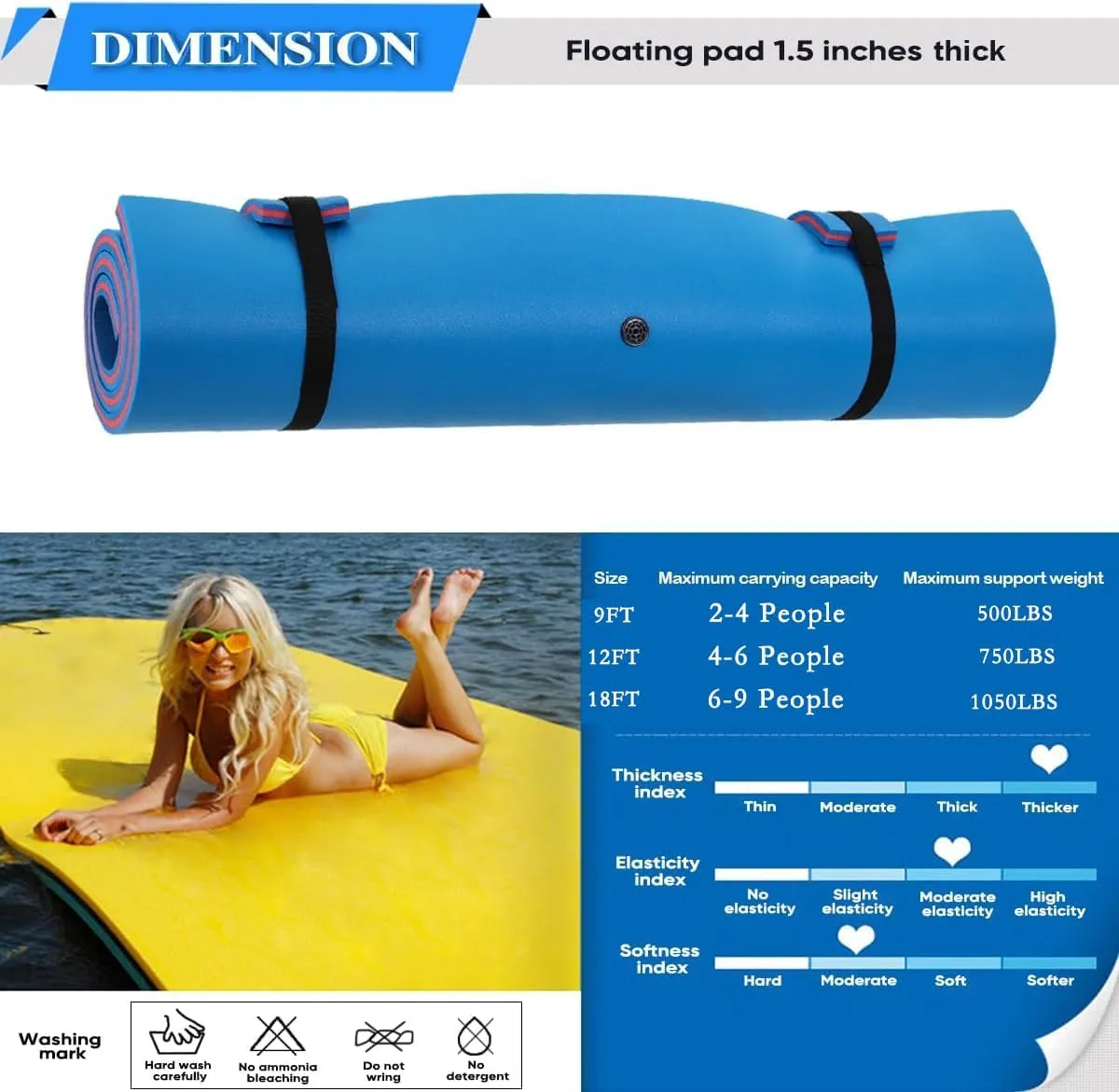 Outroad Floating Water Pad Mat, 3 Layers XPE Foam 9/12/18 Ft Lily Pad for Beach, Ocean, Lake, Roll-Up Floating Island for Water Recreation and Relaxing（Blue/Yellow）