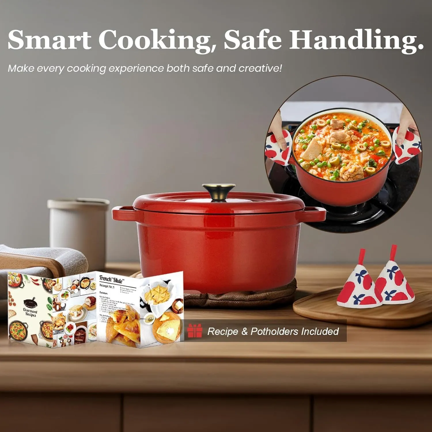 Overmont Enameled Cast Iron Dutch Oven - 5QT Pot with Lid Cookbook & Cotton Potholders - Heavy-Duty Cookware for Braising, Stews, Roasting, Bread Baking red