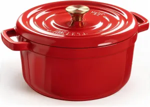 Overmont Enameled Cast Iron Dutch Oven - 5QT Pot with Lid Cookbook & Cotton Potholders - Heavy-Duty Cookware for Braising, Stews, Roasting, Bread Baking red