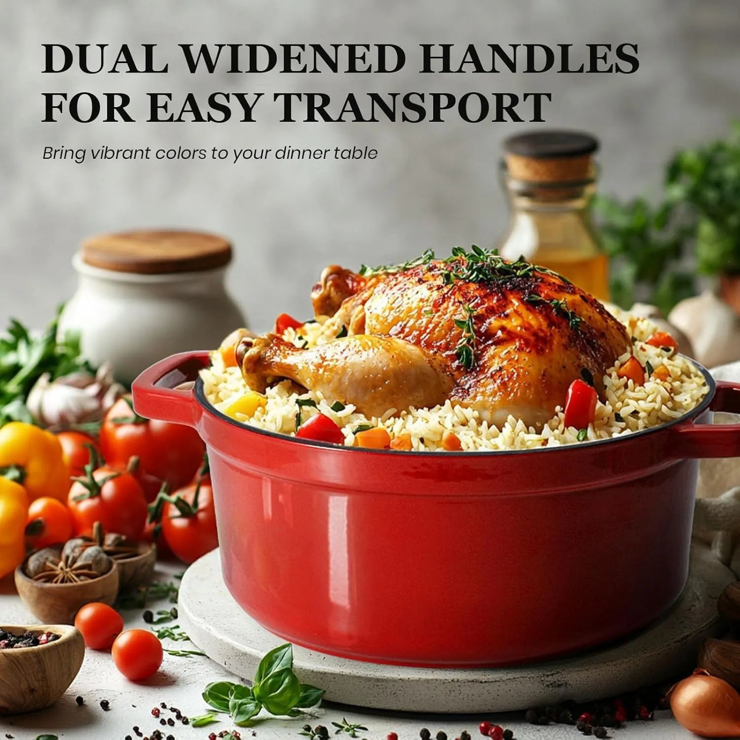 Overmont Enameled Cast Iron Dutch Oven - 5QT Pot with Lid Cookbook & Cotton Potholders - Heavy-Duty Cookware for Braising, Stews, Roasting, Bread Baking red